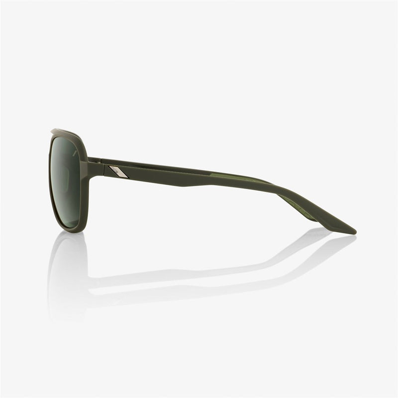 The Kasia Soft Tact Army Green sunglasses by Crown Kiwi Enterprises Limited feature dark lenses and sleek square frames with metallic temple accents. They offer UV protection and ultra-lightweight comfort, photographed on a white background.