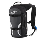 Introducing the Iguana Hydration Backpack by Crown Kiwi Enterprises Limited—a backpack designed for off-road riding. It boasts a sleek combination of black and gray panels with white accents and features a convenient blue hydration tube. With its multiple zippered compartments and adjustable straps, this backpack offers both functionality and style reminiscent of an Iguana in the wild.