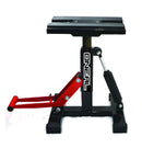 Image of the O'Neal MX Adjustable Lift Stand with Dampner in black and red. The stand features a handle for height adjustment, a sturdy base for stability, and non-slip rubber pads. The brand name "ONEAL" is displayed on the lifting arm.