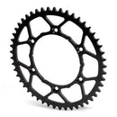 A MOTO MASTER SPROCKET REAR ULTRALIGHT STEEL 50T for Honda XR and Yamaha TTR, WR, YZ comes in black with a large, circular shape and teeth around the outer edge. The inner section showcases a geometric, open design with several cutouts to reduce weight. Made from hardened steel for extra durability, it features multiple bolt holes for attaching to a crankarm.