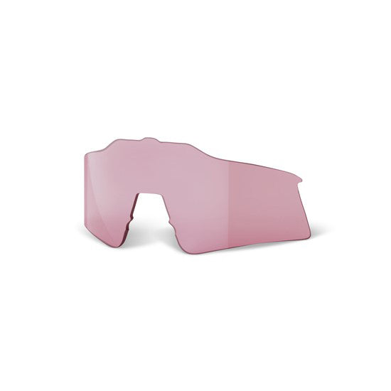 The 100% Speedcraft Lens Light Rose is designed for cycling sunglasses, featuring a single pink tint and angular shape. It offers UV protection and includes a nose bridge notch, ideal for interchangeable lenses, set against a plain white background.