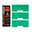 A package labeled "ARMOR VISION SMARTFILM 62MM (PACK OF 3)" by Armor Vision is shown beside three green rectangular lens protectors with notches, offering a hydrophobic coating and designed for universal fitment.