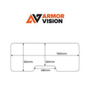 A package labeled "ARMOR VISION SMARTFILM 62MM (PACK OF 3)" by Armor Vision is shown beside three green rectangular lens protectors with notches, offering a hydrophobic coating and designed for universal fitment.