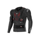 The Alpinestars Bionic Pro v3 Plasma Jacket by ALPINESTARS is a black and red armored jacket with reinforced shoulders, elbows, and chest protection. It includes breathable mesh ventilation and the brand's logo on the right shoulder and wrist, featuring a secure waistband.