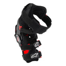 Introducing the Alpinestars RK-7 Plasma Knee Brace by Crown Kiwi Enterprises Limited: a top-tier black knee brace designed with red straps and protective padding. Engineered for sports or injury support, it features advanced Nucleon PLASMA technology for a secure fit with adjustable fastenings, perfect for those in need of superior performance.