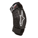 Close-up of a black Alpinestars Kickstart Elbow Guard, designed for kids with a distinct white logo. Produced by Crown Kiwi Enterprises Limited, this protective gear offers adjustable Velcro straps and features a flexible construction to enhance comfort and safety.