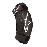 Close-up of a black Alpinestars Kickstart Elbow Guard, designed for kids with a distinct white logo. Produced by Crown Kiwi Enterprises Limited, this protective gear offers adjustable Velcro straps and features a flexible construction to enhance comfort and safety.