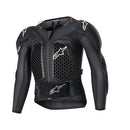The Youth Bionic Action v2 Jacket by Crown Kiwi Enterprises Limited is a black, long-sleeved motorcycle jacket designed with youth-optimized Cell Technology protectors for superior upper body protection. It features a mesh design with reinforced padding on the chest, shoulders, and elbows, enhanced by white accents and logos to seamlessly blend style and safety.