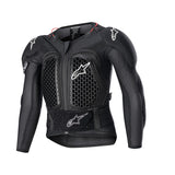 The Youth Bionic Action v2 Jacket by Crown Kiwi Enterprises Limited is a black, long-sleeved motorcycle jacket designed with youth-optimized Cell Technology protectors for superior upper body protection. It features a mesh design with reinforced padding on the chest, shoulders, and elbows, enhanced by white accents and logos to seamlessly blend style and safety.