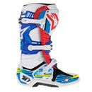 The ALPINESTARS Tech-10 Boot Graphics features a vibrant mix of red, cyan, and yellow with multiple straps and buckles. This motocross boot merges style and function effortlessly, showcasing branding details for riders.