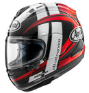 A black, white, and red full-face motorcycle helmet from ARAI with a sleek design perfect for motocross enthusiasts. The Arai RX-7V EVO - IOM TT 2022 Limited Edition features aerodynamic curves and brand logos, including "ARAI" and "Druid Performance," along with a transparent visor for ultimate adventure.
