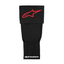 The RK-S Knee Brace Sleeves from Crown Kiwi Enterprises Limited feature a durable black design with a red logo on the top flap and white "alpinestars" text at the bottom. Its streamlined construction is both protective and comfortable, using stretchable textiles for sports or riding activities.