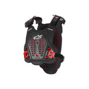 Introducing the Alpinestars A-5 Plasma Chest Protector by ALPINESTARS: a sleek black and red chest protector with adjustable shoulder and side straps. It is designed with enhanced breathability through a ventilated design and features a prominent logo on the front, ensuring dependable protection for activities such as motocross or biking.