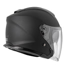 The FREIGHT RJAYS NAVONA IV Helmet in matte black, featuring a transparent visor and shown in profile, boasts a streamlined design with an injection moulded ABS shell. It also includes an integrated internal sun-shield mechanism for superior protection under varying light conditions.