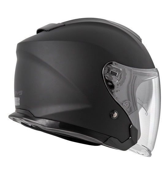 The FREIGHT RJAYS NAVONA IV Helmet in matte black, featuring a transparent visor and shown in profile, boasts a streamlined design with an injection moulded ABS shell. It also includes an integrated internal sun-shield mechanism for superior protection under varying light conditions.