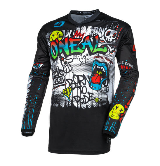 A person wearing a black and multi-colored O'Neal 2025 Youth ELEMENT Rancid Jersey, complete with helmet, gloves, pants, and boots stands with their back to the camera. The riding gear features breathable material adorned with various graphics and logos, the most prominent being "ONEAL Element" in colorful graffiti style on the back.