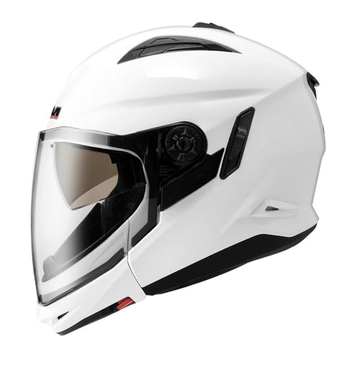 Introducing the FFM Urban R Modular helmet, retailing from $189. This stylish white motorcycle helmet, by FFM, boasts a clear, full-face visor complemented by black accents around the visor and ventilation areas. Its streamlined, aerodynamic design is built with an ABS shell and is ECE22.05 safety certified. The interior padding can be clearly seen through the open front for added convenience and comfort.