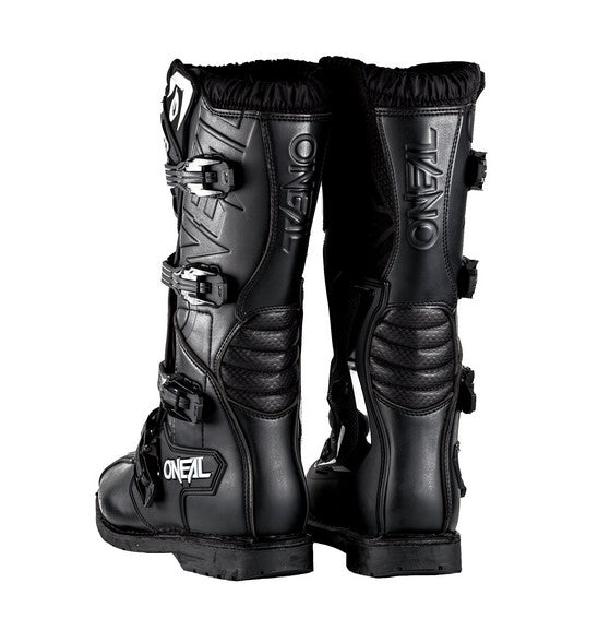 A pair of O'Neal RIDER PRO Boots in black, featuring multiple buckles and protective padding. These rugged motocross boots prominently display the ONEAL branding on the front and sides, making them perfect for tackling any Enduro Trail.