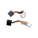 Two carbon brushes with copper wires attached, featuring a spring for improved tension. The wires end in metal connectors: one with a ring terminal and the other with a spade terminal. Used in electric motors to conduct electricity, these RICK'S STARTER MOTOR BRUSHES RICKS MOTORSPORT YAMAHA components are placed on a white background.