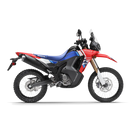Red, blue, and black Honda motorcycle on a white background