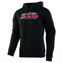 The TLD FACTORY RACING PULLOVER HOODIE BLACK by Troy Lee Designs features a front pocket and a red, blue, and white chest graphic with "Troy Lee Designs" and "Factory Racing" above bold blue lines.