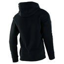 The TLD FACTORY RACING PULLOVER HOODIE BLACK by Troy Lee Designs features a front pocket and a red, blue, and white chest graphic with "Troy Lee Designs" and "Factory Racing" above bold blue lines.