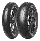 A black Metzeler ROADTEC 02 - Super-Sport-Touring NEW! tyre from METZELER, with prominent adaptive tread patterns, is displayed. The tire features branding on the sidewall, including the text 'ROADTEC™ 02'. It is mounted on a grey, multi-spoked wheel.