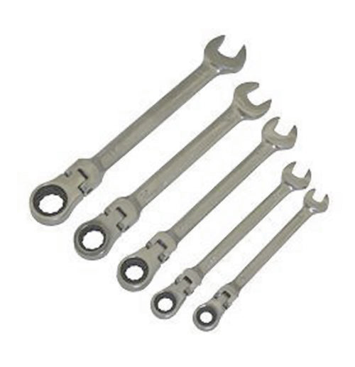 The X-TECH Ratchet Spanner Set by X-TECH includes five combination wrenches with open ends on one side and ratcheting box ends on the other, arranged in decreasing sizes from left to right. The silver wrenches range from 17mm to 8mm and vary in length.