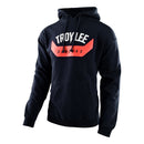 The ARC PULLOVER HOODIE NAVY by Troy Lee Designs is a heavyweight fleece with a hood, front pocket, and features the TLD Arc logo plus "Troy Lee Designs" printed in white and red across the chest.