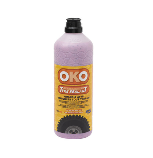 The image shows two containers of OKO Tyre Sealant - ATV / Quad / SxS, specifically designed for ATVs. The larger container has a capacity of 25 liters, while the smaller one holds a lesser amount. Both black containers feature yellow labels with text and graphics, making them ideal for quad bike tyre sealant and puncture repair needs.