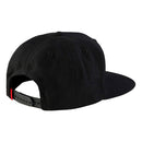 The Troy Lee Designs TLD Factory Icon Snapback Hat Black features a black flat-bill design with raised white and red "Factory Racing" embroidery on the front left panel.