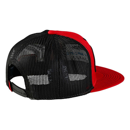 The Troy Lee Designs TLD FACTORY PIT CREW SNAPBACK HAT RED is a red and black trucker hat featuring a high crown and flat brim. The solid red front panel showcases patches with "Factory Racing" text and a checkered design, while the black mesh side and back panels include an additional patch, perfect for any pit crew look.