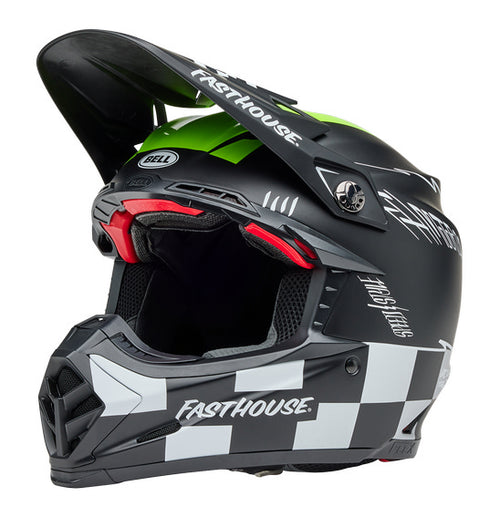 Introducing the Bell MOTO-9S FLEX FH SMKBMB Matte/Gloss Hiviz Yellow helmet, a safety-focused motocross helmet designed with a black, white, and green color scheme. This BELL helmet features Fasthouse branding and boasts eye-catching checkerboard patterns on the lower section. The design includes a visor and the reliable FINTEC locking system, making it ideal for off-road racing enthusiasts.