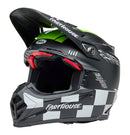 Introducing the Bell MOTO-9S FLEX FH SMKBMB Matte/Gloss Hiviz Yellow helmet, a safety-focused motocross helmet designed with a black, white, and green color scheme. This BELL helmet features Fasthouse branding and boasts eye-catching checkerboard patterns on the lower section. The design includes a visor and the reliable FINTEC locking system, making it ideal for off-road racing enthusiasts.