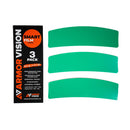 Three green curved lens films with a hydrophobic coating are shown beside black Armor Vision packaging labeled "ARMOR VISION 75MM SMARTFILM RACING VISOR PROTECTOR (PACK OF 3)" for cylindrical visors; highlights include performance protection and SmartFilm features.