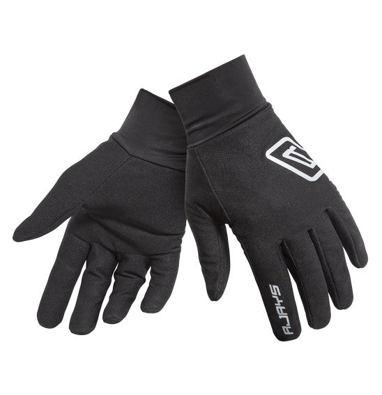 A pair of RJAYS Flex Inner Gloves from Rjays, featuring a sleek, black design and a thermal inner layer. One glove is adorned with the word "SURLY" on the index finger, while both gloves have elastic wrist cuffs for a secure fit. The back of one glove showcases a striking white geometric logo. These water-resistant, full-fingered gloves are displayed against a plain white background.