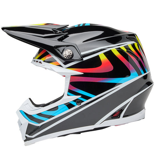 The Bell MOTO-9S FLEX Drift helmet by BELL, in Gloss Black/Multi, features vibrant red, blue, yellow, and orange stripes. It includes a pointed visor, side logo, aerodynamic design with chin guard, and efficient ventilation system for comfort-focused safety.