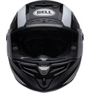 Side view of the Bell RACE STAR DLX FLEX Tantrum 2 Black/White helmet with a clear visor. The helmet boasts a sleek design with aerodynamic contours, Velocity Flow Ventilation, and a textured pattern on the top and sides. A Carbon Fiber Shell ensures durability, while the BELL logo is prominently displayed.