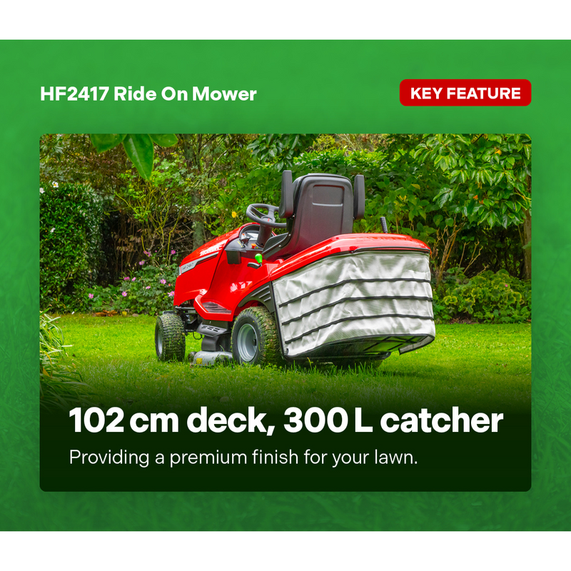 Text-based flyer promotes the Honda Power Equipment Honda HF2417 40" Ride On Mower for $9,499 (inc GST). Features: GCV530 engine, 102cm cutting deck, hydrostatic transmission, Optiflow™ system, auto LED headlights, full-color LCD display, Speed Hold System, and a 300L fluted catcher bag. Fielday special—save $500.