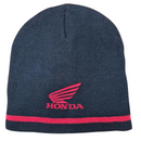 The HRC Honda Beanie is a dark blue knit hat featuring the red Honda logo and text embroidered on the front. Made from 100% acrylic, it also includes a pink stripe near the bottom edge.