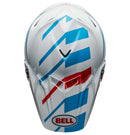 The Bell MOTO-9S FLEX Banshee Gloss White/Red is a safety-focused, full-face motocross helmet adorned with a striking blue, red, and white geometric design. It features a visor, multiple ventilation openings, and the brand name "BELL" in blue on the side. The interior padding is visible around the face opening, making it perfect for off-road racing.