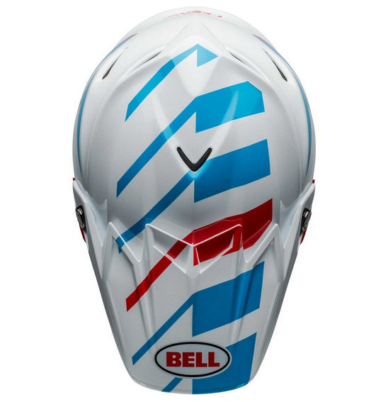 The Bell MOTO-9S FLEX Banshee Gloss White/Red is a safety-focused, full-face motocross helmet adorned with a striking blue, red, and white geometric design. It features a visor, multiple ventilation openings, and the brand name "BELL" in blue on the side. The interior padding is visible around the face opening, making it perfect for off-road racing.