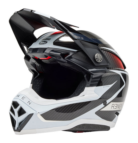 Introducing the Bell MOTO-10 SPHERICAL Renen Raycon Matte/Gloss Black/White Ltd Ed by BELL: a sleek, modern motocross helmet with a carbon fiber aesthetic and aerodynamic design. It features Spherical Technology for enhanced safety and is embellished with a visor, bold red and blue accents, and "RENEN" branding on the side.