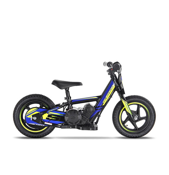 Introducing the SHERCO EB12 - Electric Balance Bike by SHERCO: a sleek, small electric dirt bike boasting a lightweight aluminium frame, stylish blue and yellow accents, and durable pneumatic all-terrain rubber tyres. This bike is designed with handlebars featuring comfortable grips, a simple saddle seat, and an intuitive twist-and-go throttle specifically for young riders.