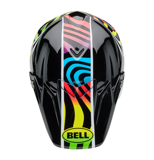 The Bell MOTO-9S FLEX Drift helmet by BELL, in Gloss Black/Multi, features vibrant red, blue, yellow, and orange stripes. It includes a pointed visor, side logo, aerodynamic design with chin guard, and efficient ventilation system for comfort-focused safety.