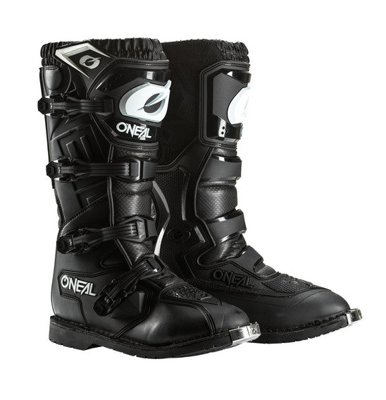 A pair of O'Neal RIDER PRO Boots in black, featuring multiple buckles and protective padding. These rugged motocross boots prominently display the ONEAL branding on the front and sides, making them perfect for tackling any Enduro Trail.