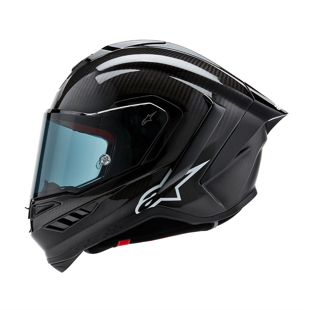 Presenting the Supertech R10 Helmet Solid Black Carbon Matte/Gloss by Crown Kiwi Enterprises Limited: a stylish road racing helmet that combines a glossy finish and advanced aerodynamics. It boasts a smoked visor, ventilation slits, and subtle graphic accents, making it perfect for high-speed riding. This helmet ensures top performance and style on every journey.
