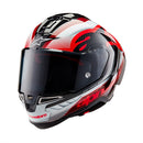 The ALPINESTARS Supertech R10 Helmet in Team Black Carbon/Red/White Gloss offers a sleek design for road racing, with advanced aerodynamics, a clear visor, and eye-catching branding on the sides and chin.