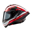 The ALPINESTARS Supertech R10 Helmet in Team Black Carbon/Red/White Gloss offers a sleek design for road racing, with advanced aerodynamics, a clear visor, and eye-catching branding on the sides and chin.