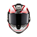 The ALPINESTARS Supertech R10 Helmet in Team Black Carbon/Red/White Gloss offers a sleek design for road racing, with advanced aerodynamics, a clear visor, and eye-catching branding on the sides and chin.